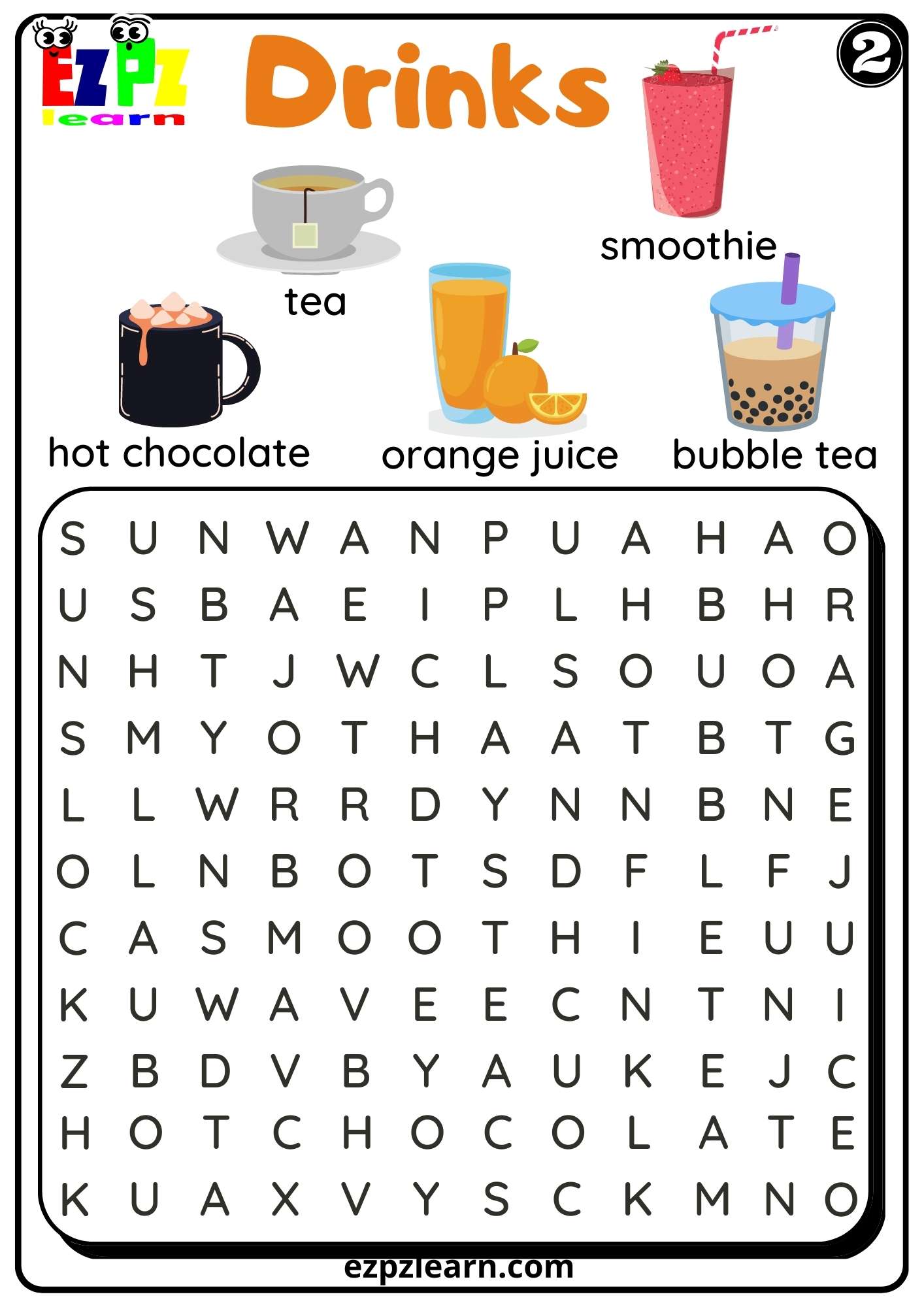 Drinks Word Search Worksheet for Kids K5 and ESL Free PDF Download Set 2